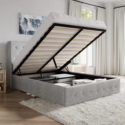 Lift Up Storage Platform Bed Frame, Button Tufted Wingback Headboard, Light Grey - Image 1 of 4