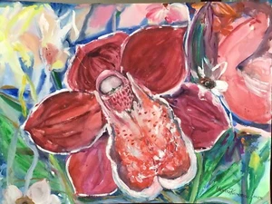 ROTE ORCHIDEE Original Aquarell Gemälde - Bild 1 von 8