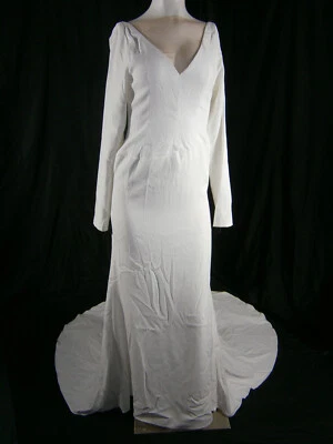 NY Designer Wedding Dress 6 Light Ivory Soft Satin Long Sleeve Sheath Illusion - Image 1 of 4