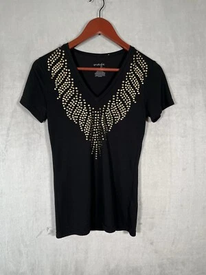 Energie женщин средний короткий рукав v-образным вырезом футболка богемное с заклепками золото акценты черный - Изображение 1 из 4