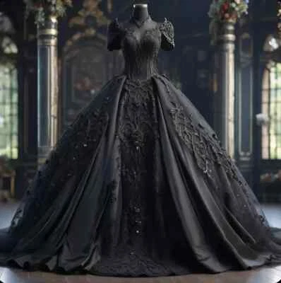 Gothic Black Mid Century Wedding Dresses Lace Appliques A Line Bridal Gowns - Image 1 of 4