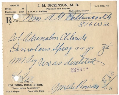 1927 Prescription, J.M. Dickinson MD, Coffeyville, Kansas, Columbia Drug Store - Image 1 of 2
