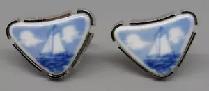 Mens Vintage Dante Blue & White SAILBOAT CUFFLINK Costume Jewelry S4 - Picture 1 of 4