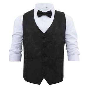 Set aus schwarzer gewebter Paisley Bohemian Hochzeit Weste & Fliege von DQT - Bild 1 von 4