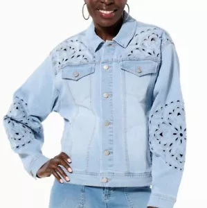 Giacca denim TWRHLL by Christie Brinkley donna lavaggio leggero elasticizzato ritaglio nuova senza etichette - Foto 1 di 10