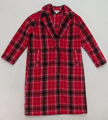 Old Navy Women's Red Pink Tartan Plaid Overcoat Size L Academia Preppy Coat Long - Image 1 of 4