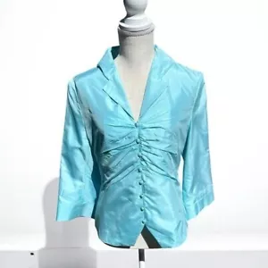 🌻Doncaster Blue SILK Special Occasion Collared Pleated Blouse Size 12. - Picture 1 of 10