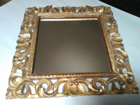Contemporary Square Gold with Silver Highlights Ornate Wooden Framed Mirror~EUC Cover