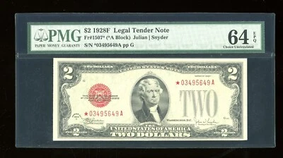 DBR 1928-F $2 ESTRELLA LEGAL Fr. 1507* PMG 64 EPQ Serie *03495649A Foto 1 de 2