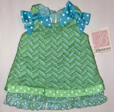 Bonnie Baby Lime Green & Turquoise Girl’s Dress Ruffles Chevron Bows 6-9 Mo NWT - Image 1 of 4