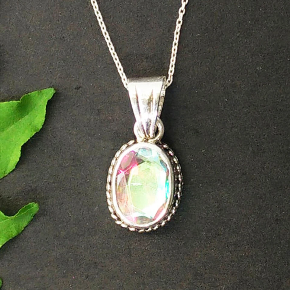 925 Sterling Silver Rainbow Mystic Topaz Necklace Handmade Gemstone Jewelry - Image 1 of 4
