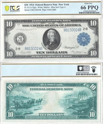 1914 $10 Federal Reserve Note Fr-911a PCGS Gem CU-66 PPQ - Image 1 of 3