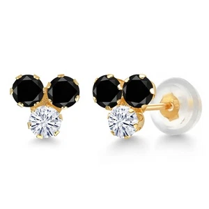 14K Yellow Gold Black Diamond and White Moissanite Three Stone Stud Earrings - Picture 1 of 5