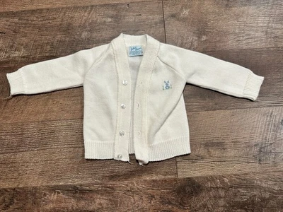 Cárdigan de Pascua vintage años 50 60 bebé blanco bordado a mano conejito, talla 9-12M Foto 1 de 4