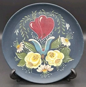 Vintage OOAK Handpainted Norwegian Rosemaling Folk Style Wooden Plate Blue 9" - Picture 1 of 5