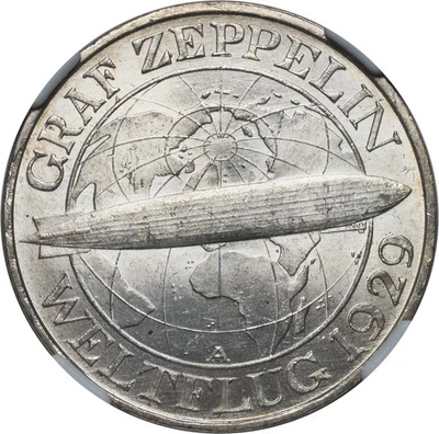 1930-A, Germany (Weimar). Beautiful Silver 3 Mark "Zeppelin" Coin. NGC MS-63! - Image 1 of 3