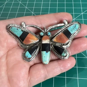 Frühe einheimische Zuni Sterling Schmetterling Stein Intarsien große Brosche Anstecknadel Handarbeit - Bild 1 von 11