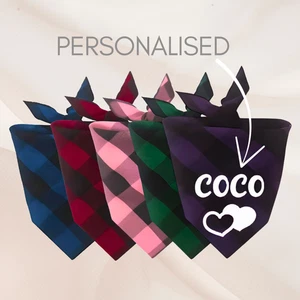 Personalised Dog Bandana with Name & Heart | Plaid Design 5 Colours 65cm - Picture 1 of 9