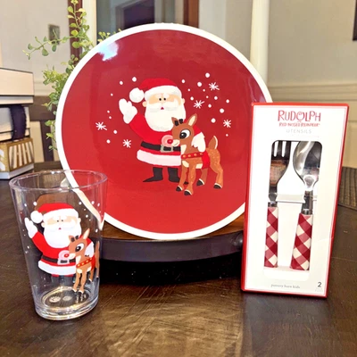 SET festa a quadri in ceramica fienile Rodolph Babbo Natale PIATTO TAZZA UTENSILI festa - Immagine 1 di 4