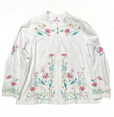 Quacker Factory Embroidered White Jacket Sequin Butterflies Flowers Women's 2X - Image 1 of 4