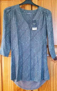 NEXT Womens Grey Blue Paisley Print Tunic Top Size 8 Button Up Linen Viscose - Picture 1 of 9