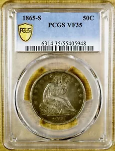 1865-S PCGS VF35 Seated Liberty Half Dollar - PCGS Gold Shield - Picture 1 of 3