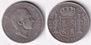 1881 ALFONSO XII 50 Centimos Spanish Philippine Silver Coin KM# 150, Stock - Z6 - Picture 1 of 4