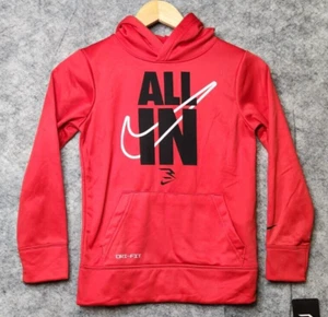NWT Nike Club Fleece Red White Logo Pullover Hoodie Youth Kid's Sz SMALL ALL IN - Picture 1 of 8