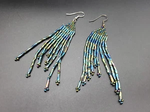 Metallic Blue and Green Hand Crafted Sead Beaded Boho Fringe Earrings - Picture 1 of 5