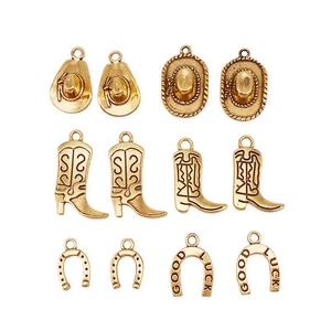 36 Mix Antiqued Gold Western Cowboy Boot Hat Horse Shoe Charm Alloy for Pendant - Picture 1 of 8