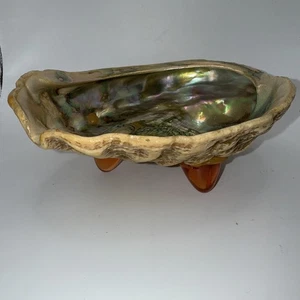 Vtg Mid Century Modern Abalone Shell Bowl Trinket Dish w/3 Lucite Feet 7.5”x6” - Picture 1 of 9