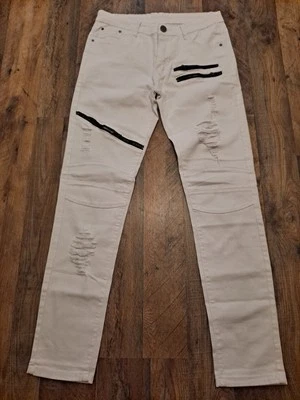 Nuevos pantalones de mezclilla para hombre blancos desgastados con cremallera rasgada talla 30 Foto 1 de 4