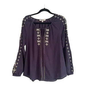 Daniel Rainn Top Womens Size L Blue Embroidered  Boho Peasant Blouse Large - Picture 1 of 9