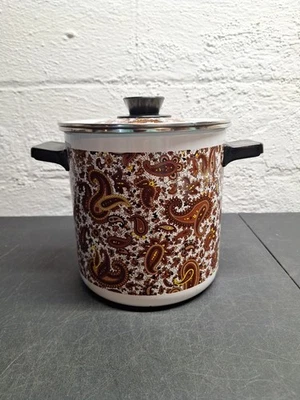 Vintage MCM Brown & Yellow Paisley Enamelware Stock Pot With Strainer  - Image 1 of 4