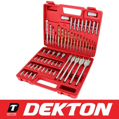 DEKTON HSS Drill Bit Set 57PCs Titanium Coated Masonry Wood Screwdriver Bits Nuts +Case