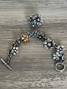 Hobe Bracelet and Ring Set Rhinestones Flowers Silver - Picture 1 of 15