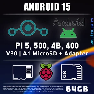 64GB or 128GB ANDROID 15 Preloaded Micro SD Card RaspBerry Pi 4, 400, 5, 500 - Picture 1 of 4