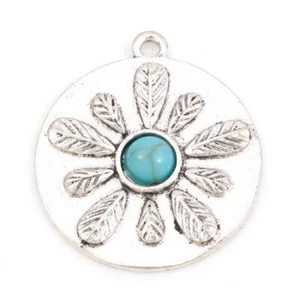 5 Boho Chic Style Silver Tone Round Pendant with Imitation Turquoise Detail - Picture 1 of 2