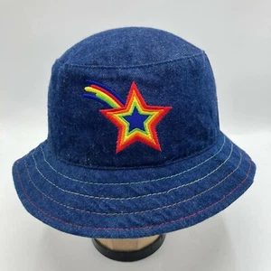 Vintage 90s Y2K Girls Denim Bucket Hat Embroidered Rainbow Star Blue Jean  - Picture 1 of 8