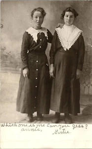  Vintage RPPC Photo Postcard Studio Pose 2 Young Girls Annie & Girtie Unhappy - Picture 1 of 3