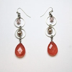 Dangle Drop Earrings Silver Tone Orange Gemstone Faux Pearl Beads Fairy Boho - Picture 1 of 8