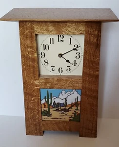 Handcrafted Roadrunner Tile  Arts & Crafts Quartersawn White Oak Mantel Clock  - Picture 1 of 8