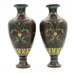 Antique Chinese Cloisonné Vases Pair Floral Decorations on Black Background - Picture 1 of 24