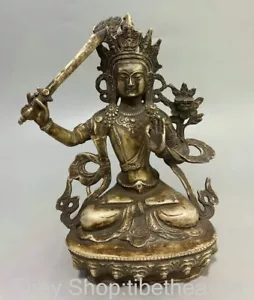 8.6" Old Chinese Buddhism Silver Sit Wenshu Manjushri Wisdom Sword Sculpture - Picture 1 of 8