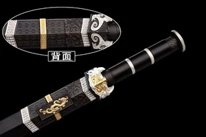 Handmade China Han Sword Short Blade Damascus Steel Groove Edged Ancient Dragon - Picture 1 of 14