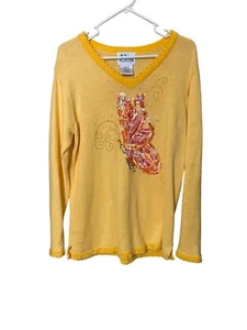 Quacker Factory Yellow Sequin Butterfly Sweater Medium V-Neck Novelty - Picture 1 of 8