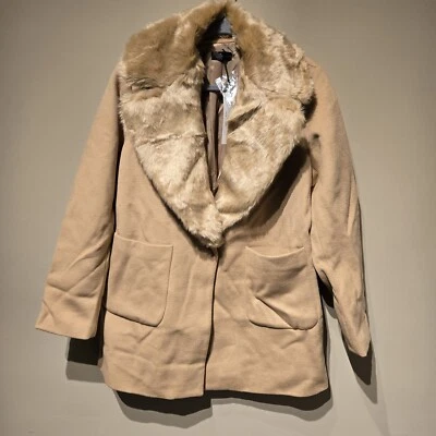 Love Token Women's Size L Tan Wool Blend Faux Fur Removable Collar Coat New - Imagem 1 de 4