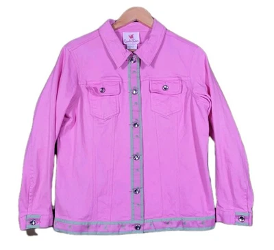 QUACKER FACTORY Jacket Women's Medium Pink Jean Rhinestone Buttons Palm Tree Hem - Image 1 of 4
