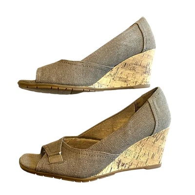 Life Stride Women's Taupe Canvas Cork Wedge Memory Foam Open Toe Heels Size 10M - Image 1 of 4