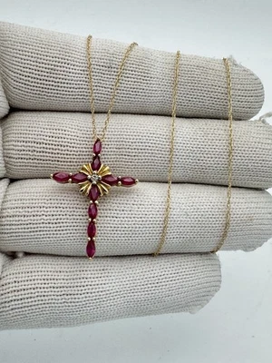 Vintage 14k Yellow Gold & Diamond Ruby Necklace Pendant Cross Charm - Image 1 of 4